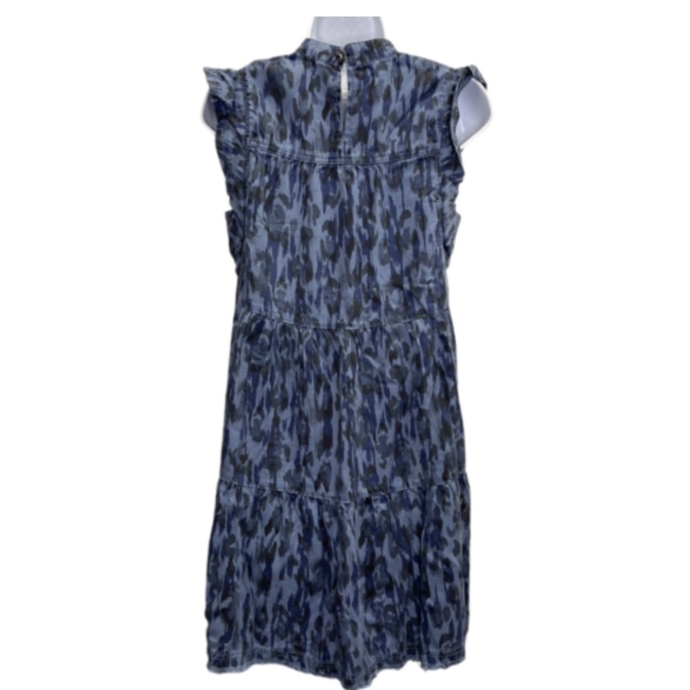 Anthropologie Jenee Tiered Tunic Dress Blue Animal Print Denim Size S/M